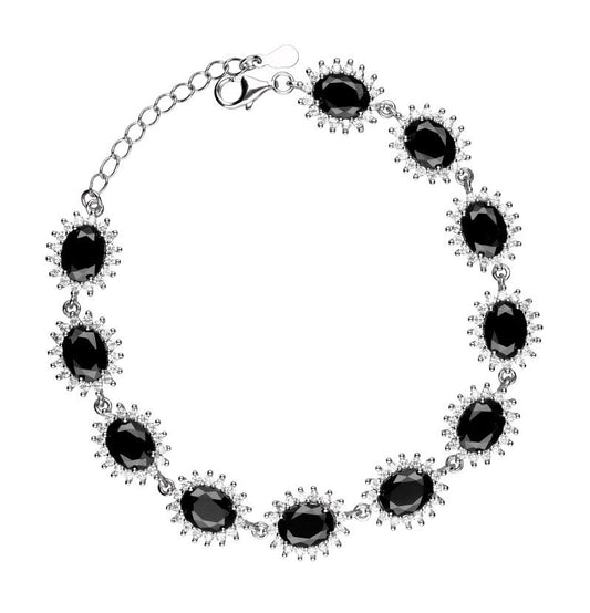 Silver Bracelet Black Oval Cut Gemstones