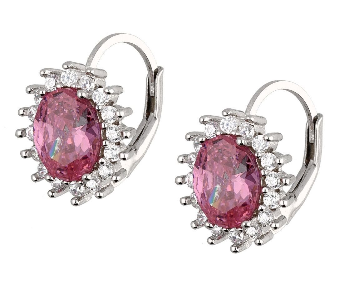 Silver Earrings Pink Oval Cut Gemstones