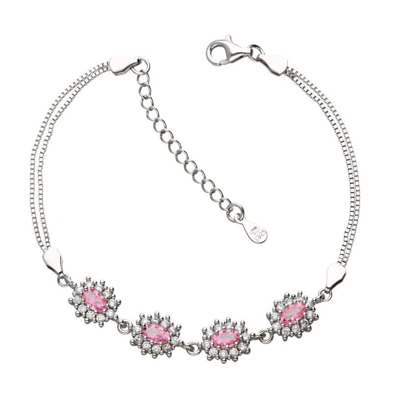 Silver Bracelet Pink Oval Cut Gems