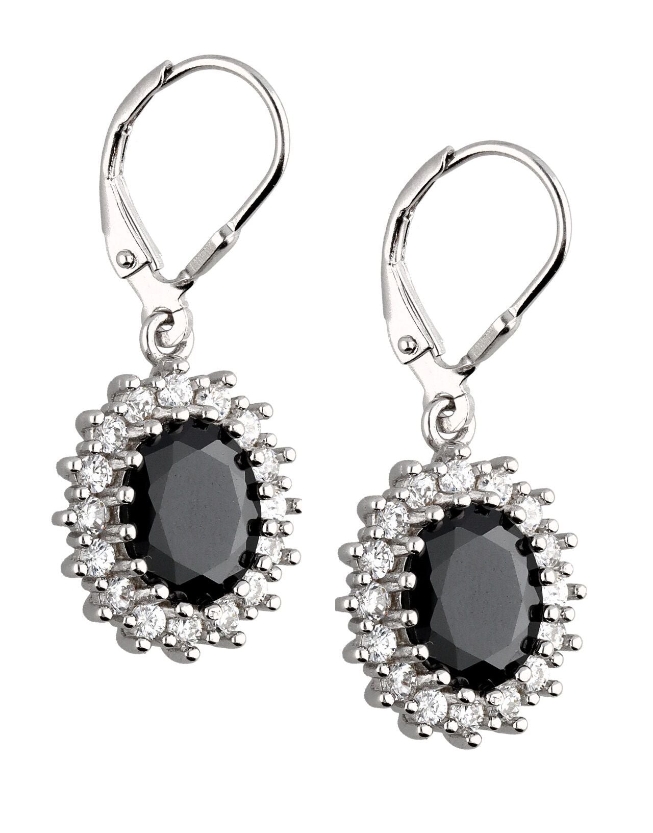 Silver Earrings Black Oval Cut GemstonesEnglish. Long