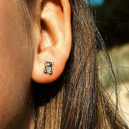 Silver Earrings, Bear with Sparkling Center Stone | Gold Plated