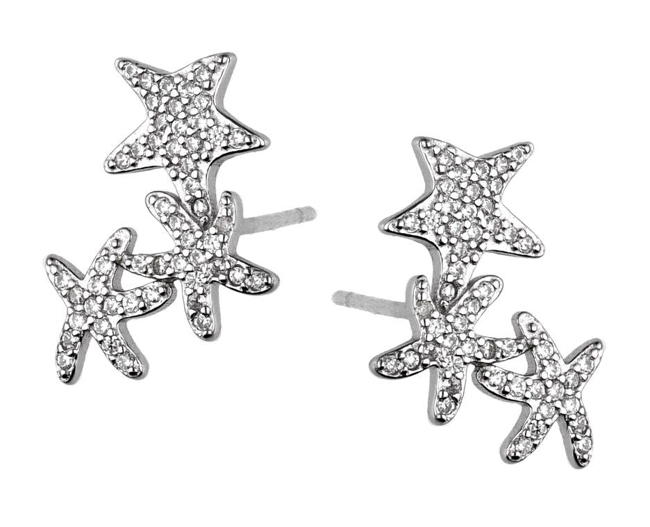 Silver Earrings Stars With Clear Cut Gems