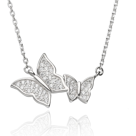 Silver Necklace Length 43+3cm White Cz Butterfly