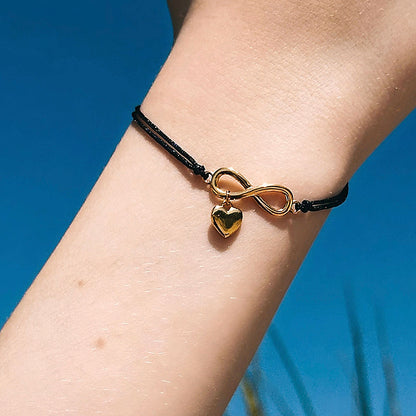 Silver Bracelet Infinity with a Heart Charm | Gold Plated, on Black String