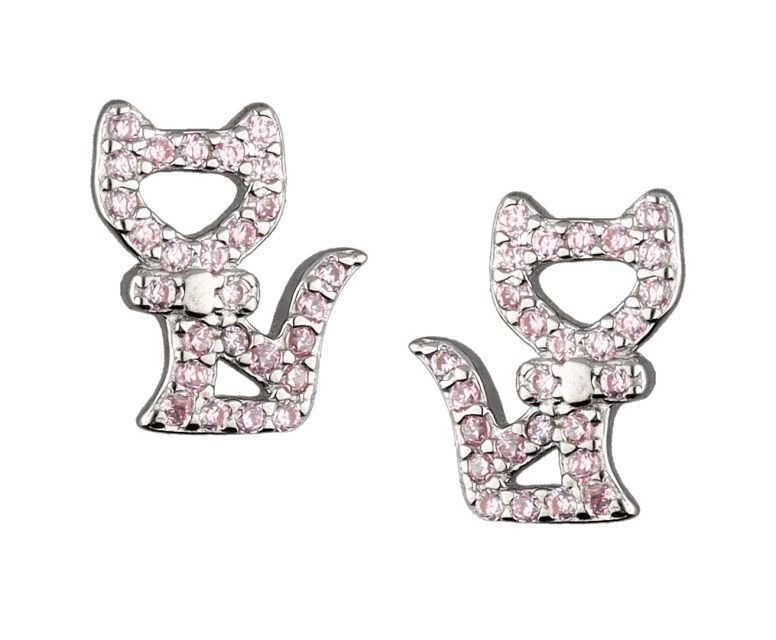 Silver Earrings Pink Cat Kids