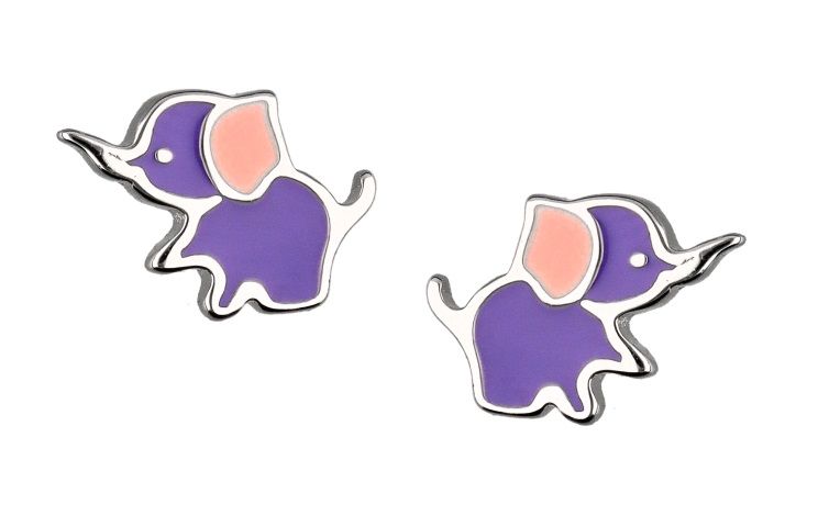 Silver Earrings Purple Pink Elephant Kids