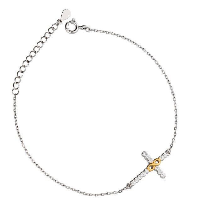 Silver Bracelet Length 16.5+3, Rhodium&Gold Infinity Cross