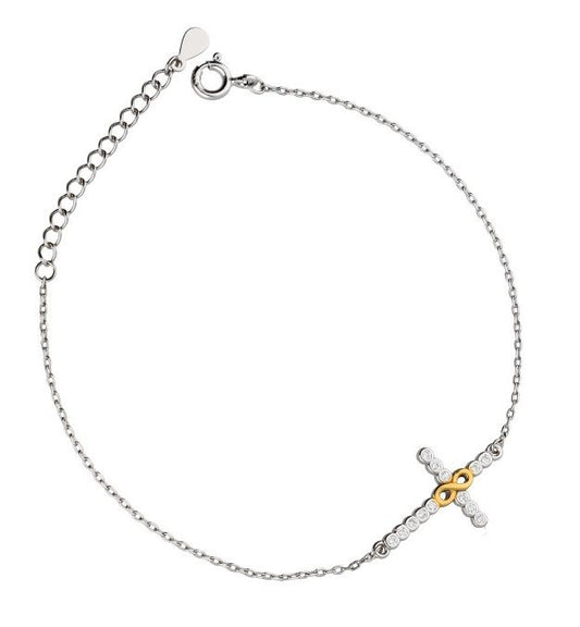 Silver Bracelet Length 16.5+3, Rhodium&Gold Infinity Cross