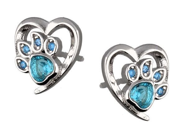 Silver Earrings Aquamarine Cz Paw Kids