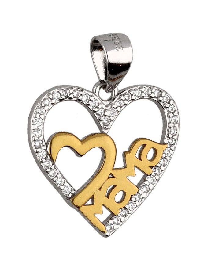 Silver Pendant Rhodium&Gold Heart Mom