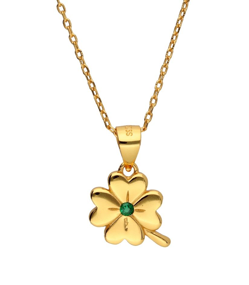 Silver Necklace Emerald Cz Length 43+3 Gold Plated Clover