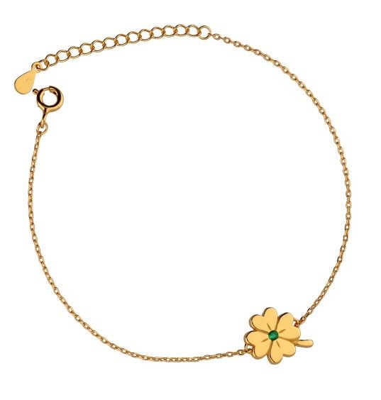 Silver Bracelet Emerald Cz, Length 16.5+3M, Gold Plated Clover