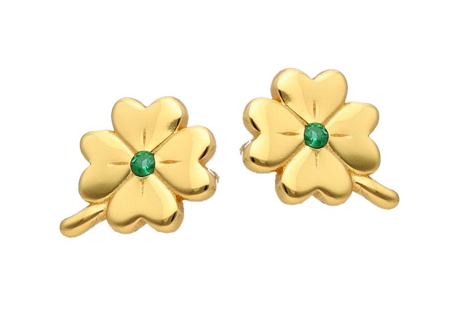 Silver Earrings Emerald Cz Gold Plated Clover