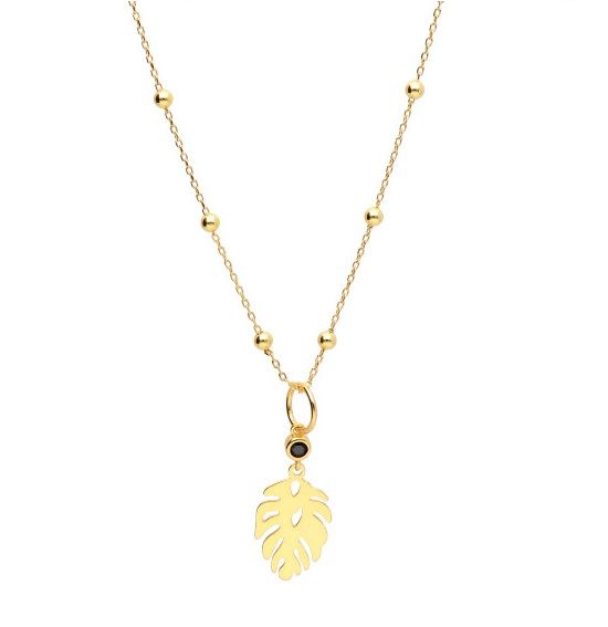 Silver Necklace Black Spinel Gold Plated Length 50+5 Monstera Leaf