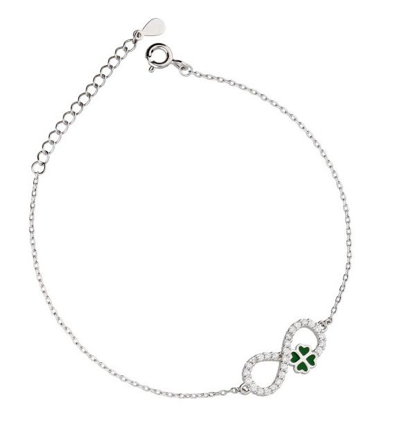 Silver Bracelet Green Enamel, Length 16.5+3 Infinity Clover
