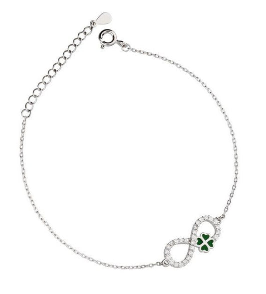 Silver Bracelet Green Enamel, Length 16.5+3 Infinity Clover