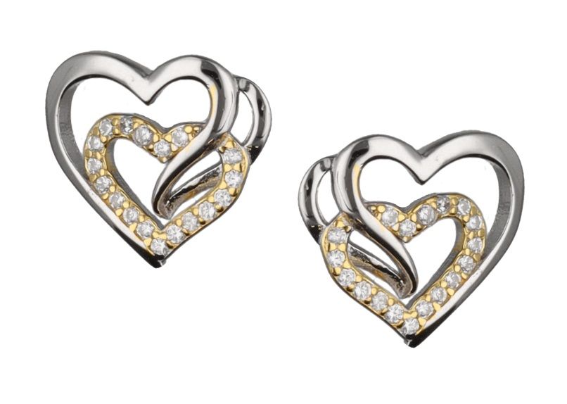 Silver Earrings Rhodium ; Small Heart Gold Plated