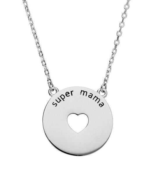 Silver Necklace Black Inscription Heart Mama