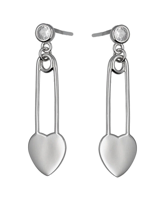 Silver Earrings Heart Safety Pin