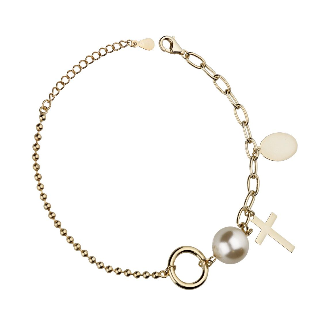 Silver Bracelet 16.5+3 Gold Plated Cross Pearl