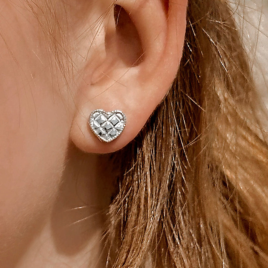 Silver Earrings, Hearts with Diamond Pattern