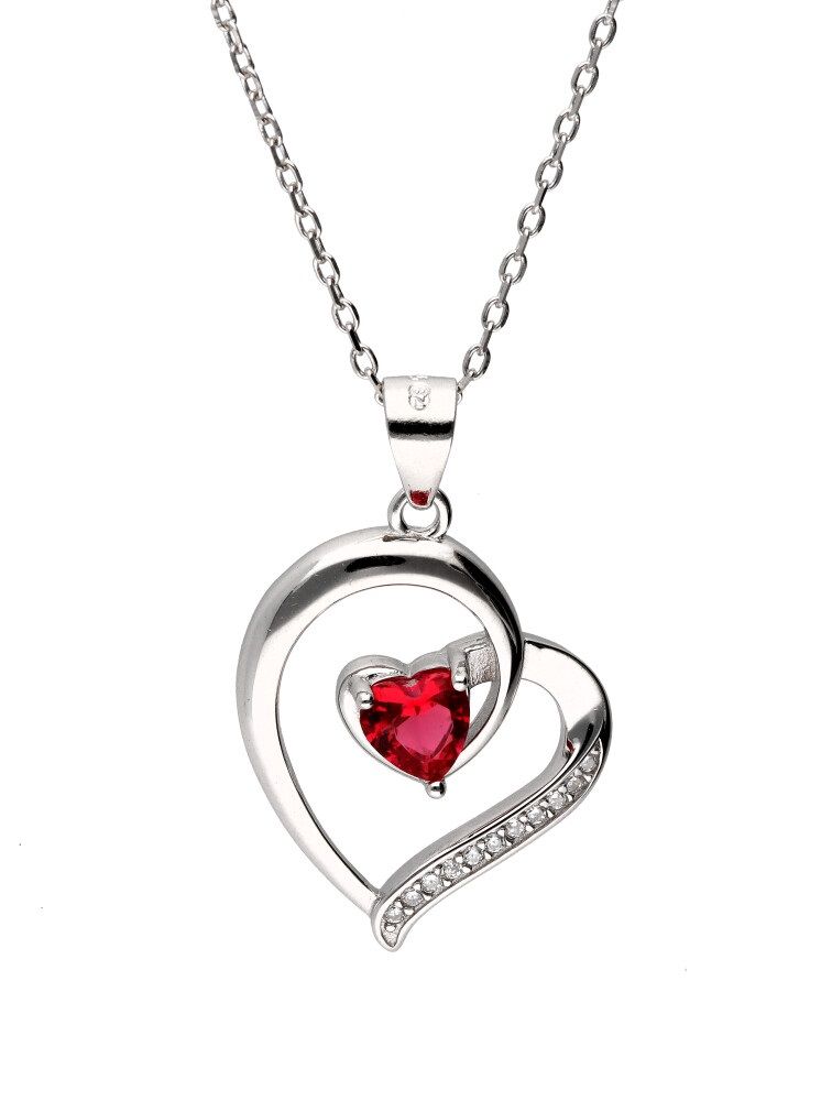 Silver Necklace Ruby ​​Heart