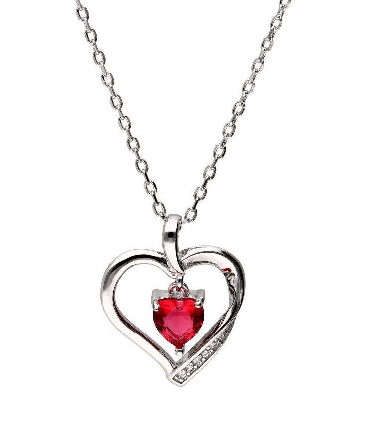 Silver Necklace Ruby ​​Heart