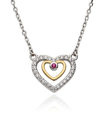 Silver Necklace 43+3 Red Steel Jade Main Cz Rhodium&Gold Plated Heart