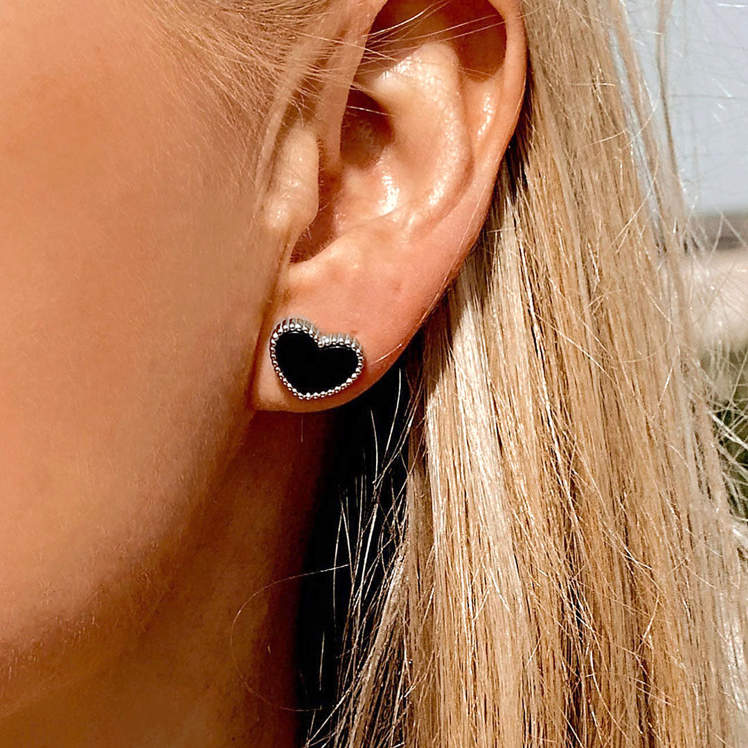 Silver Earrings, Hearts with Black Onyx Inlay