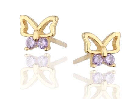 Silver Earrings Phianite Violet #07 Gold Plated Butterfly