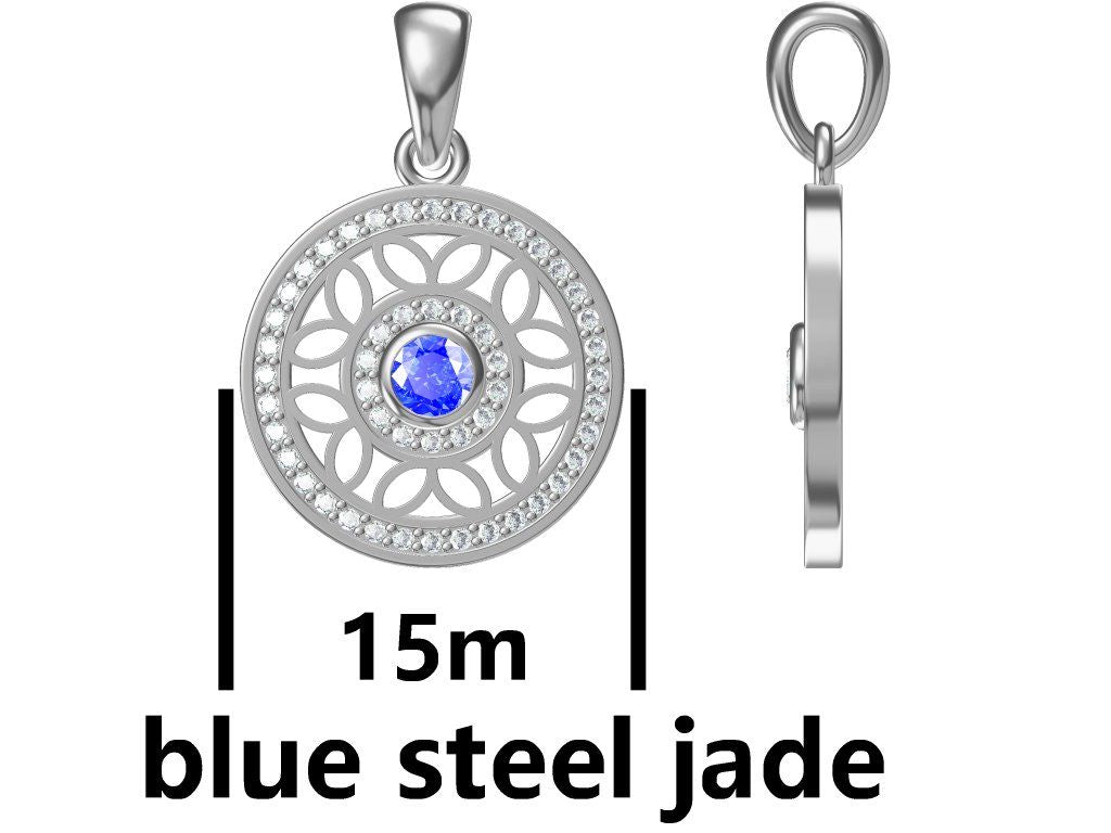 Silver Pendant Blue Steel Jade 15mm