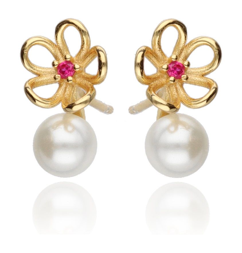 Silver Earrings Pearl Red Steel Jade Flower Gold Plated