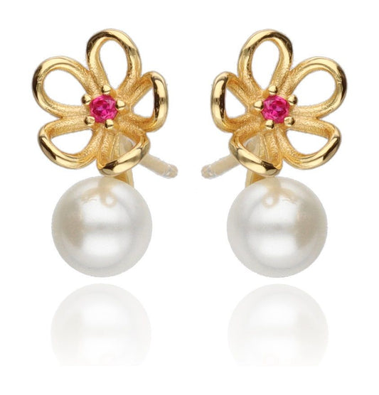 Silver Earrings Pearl Red Steel Jade Flower Gold Plated