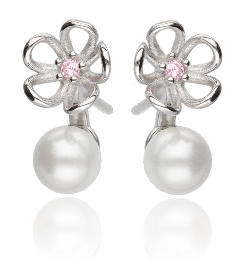 Silver Earrings Pink Pearl Flower