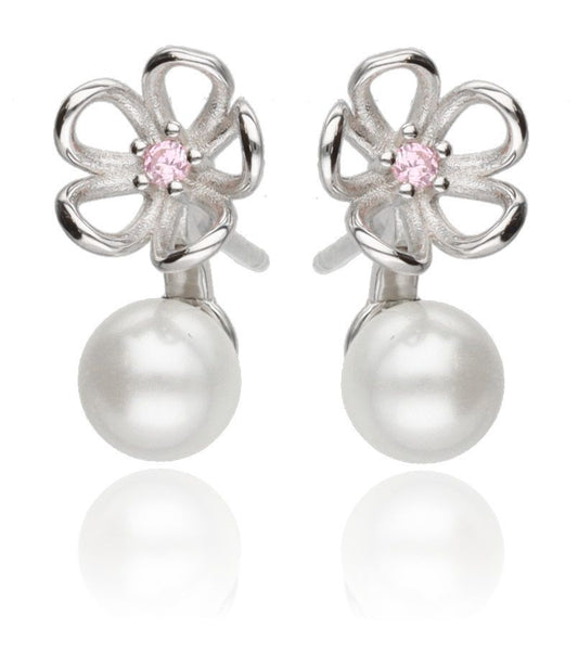 Silver Earrings Pink Pearl Flower