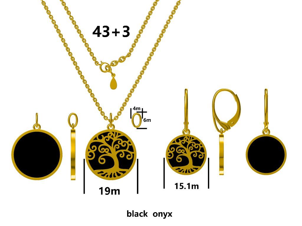 Silver Jewelry Set Black Onyx Tree Gold Plated