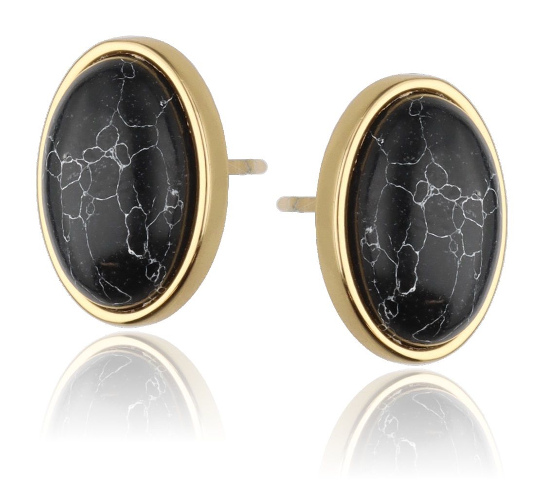 Silver Earrings Howlite Black Gold Plated 16mm