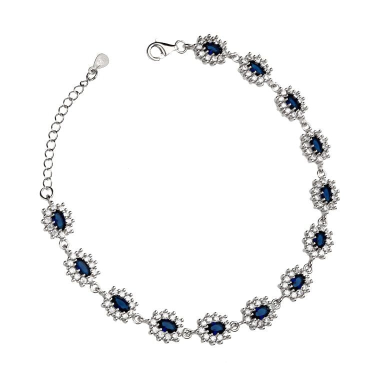 Silver Bracelet Sapphire 13 pcs Oval Cut Gems