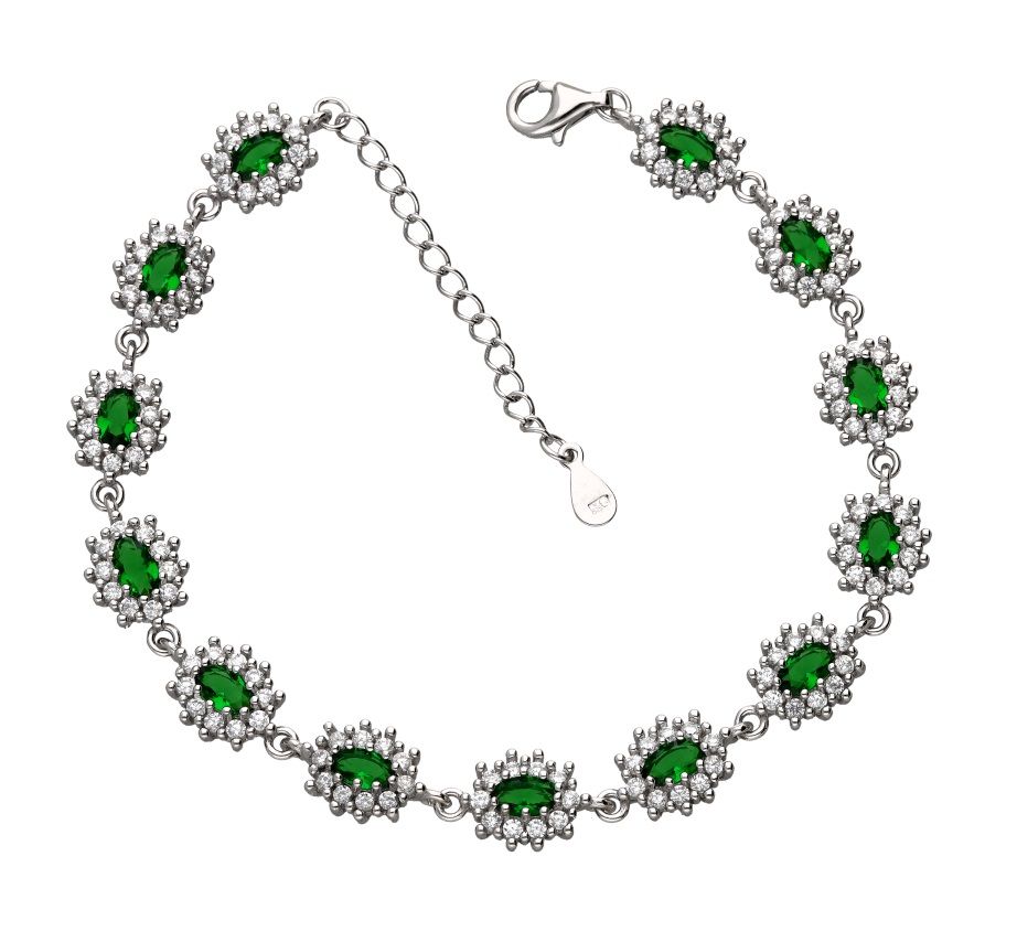Silver Bracelet Emerald 13 pcs Oval Cut Gems