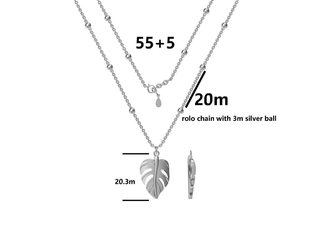 Silver Necklace 55+5 Monstera Leaf