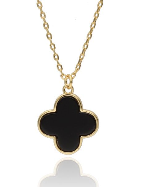 Silver Necklace Gold Plated Clover 14M Onyx