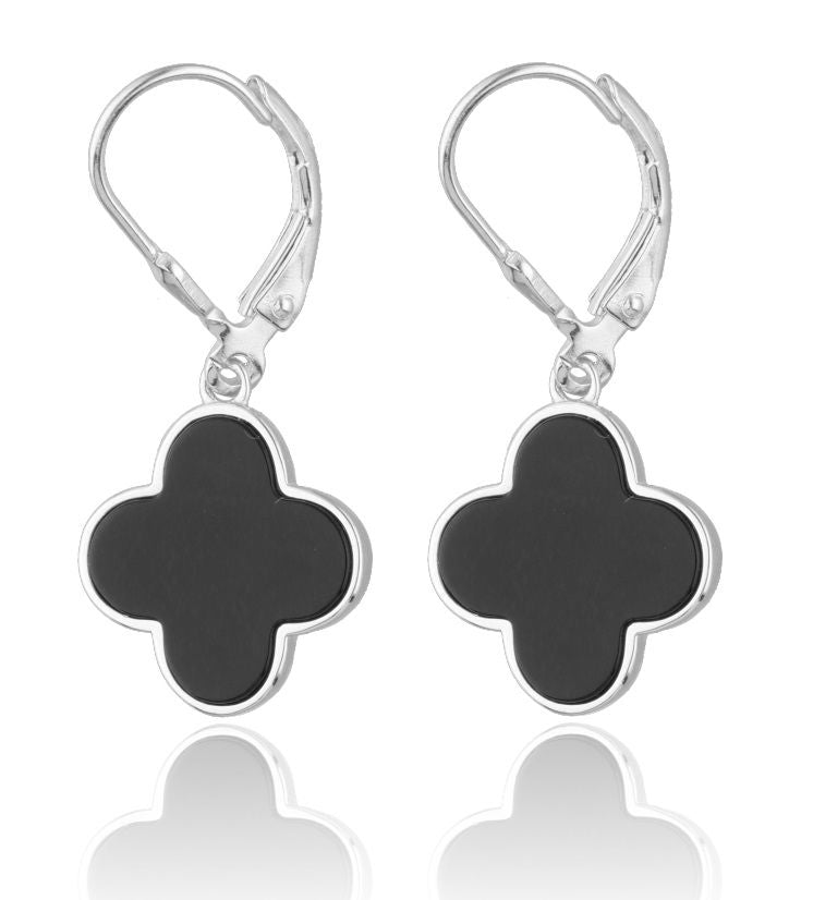 Silver Earrings Clover Black Onyx 14M Long