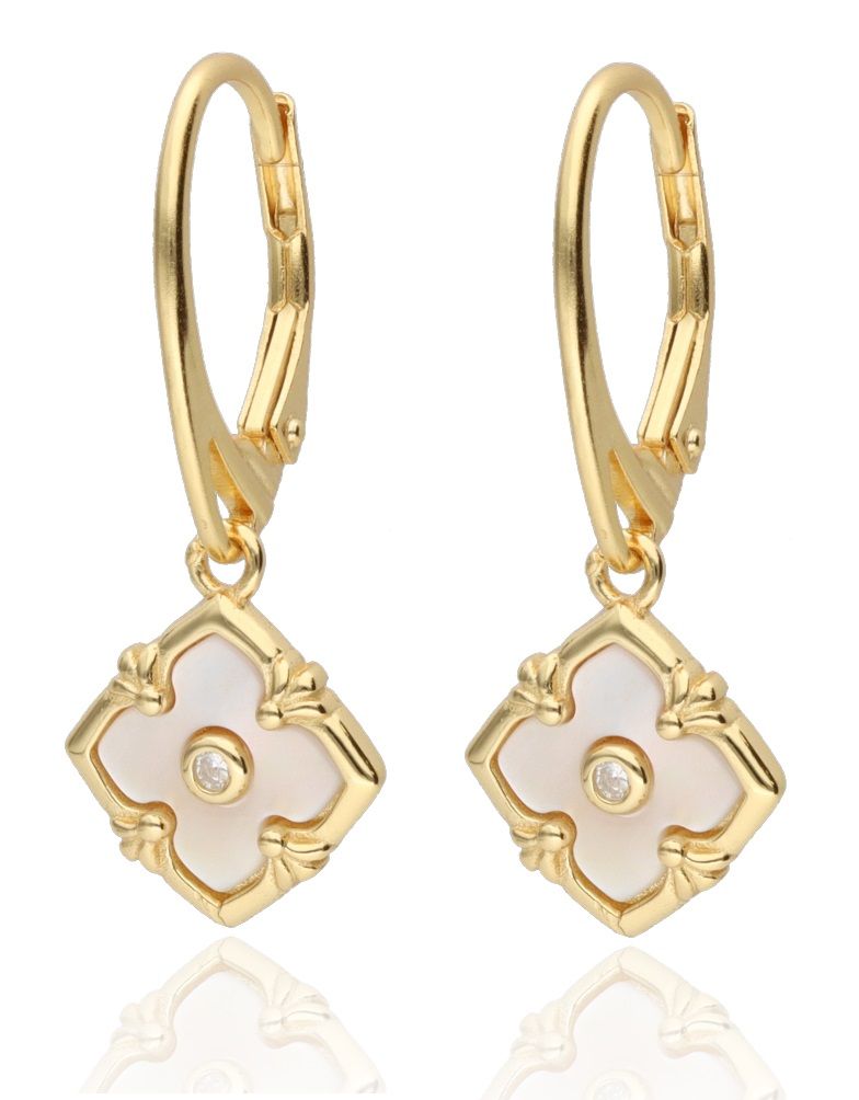 Silver Earrings Arabesque with Mother of Pearl and Center Crystal | English Clasp, Gold Plated