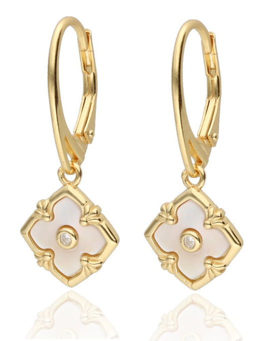 Silver Earrings Arabesque with Mother of Pearl and Center Crystal | English Clasp, Gold Plated