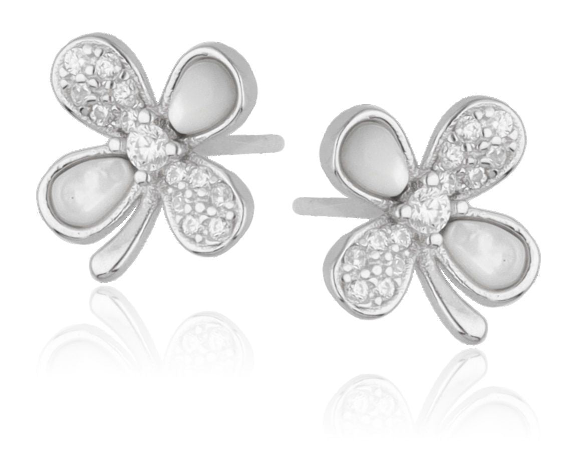 Silver Earrings Clover with Mother of Pearl and White Crystals | 9.5 mm