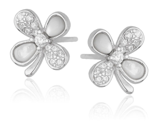 Silver Earrings Clover with Mother of Pearl and White Crystals | 9.5 mm