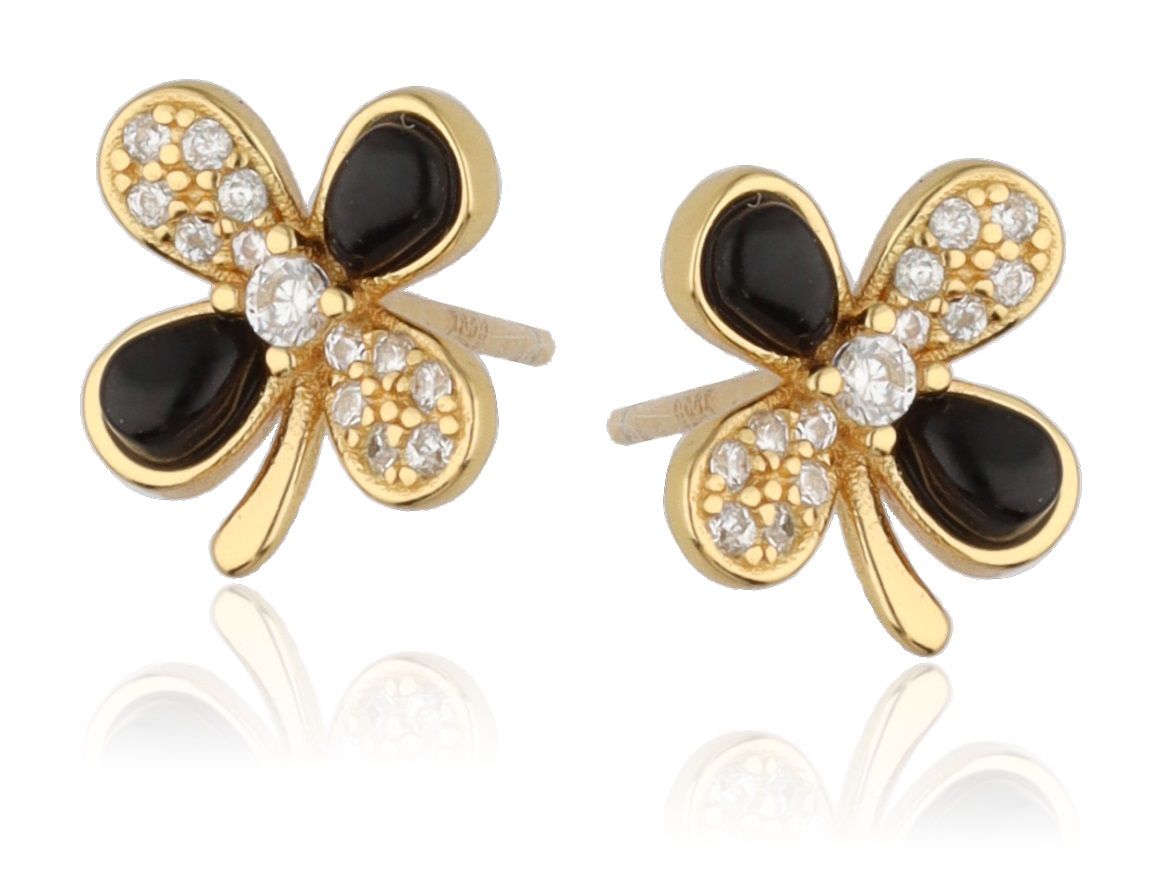 Silver Earrings Flower Gold Plated Black Onyx 9.5M