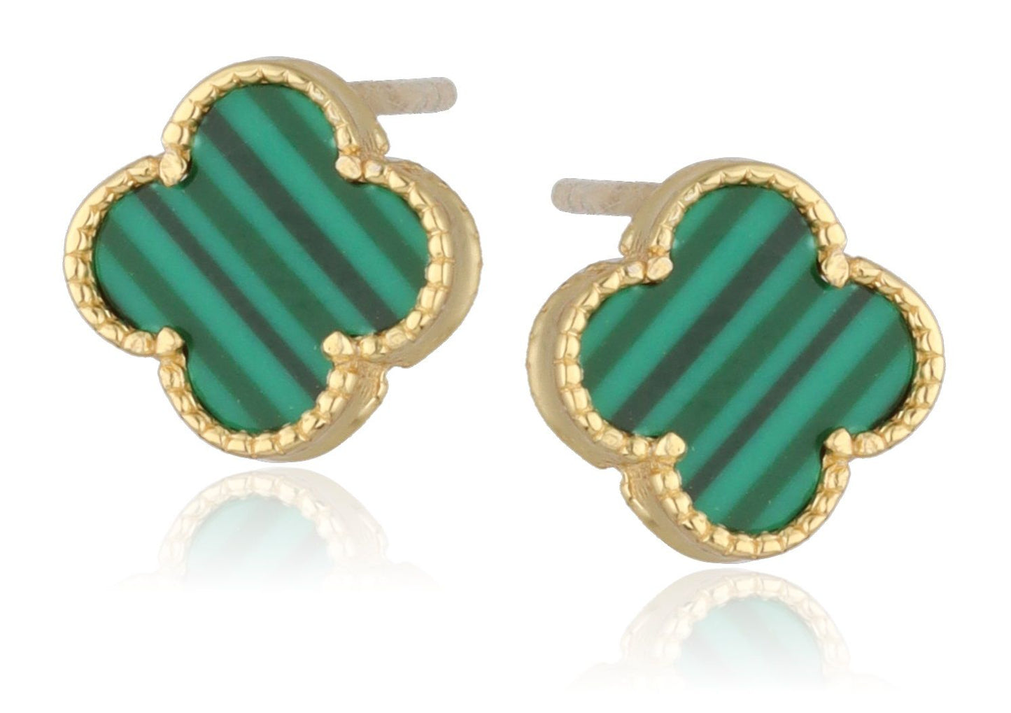 Silver Earrings Moroccan Clover wih Malachite | Gold Plated, 10 mm