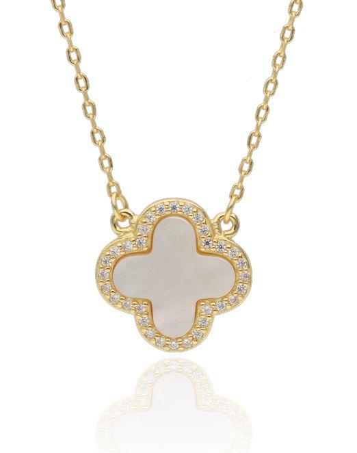 Silver Necklace Gold Plated White Pearl Moroccan Clover 14M