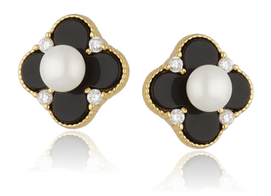 Silver Earrings Onyx Moroccan Clover Pearl Gold Plated 11M